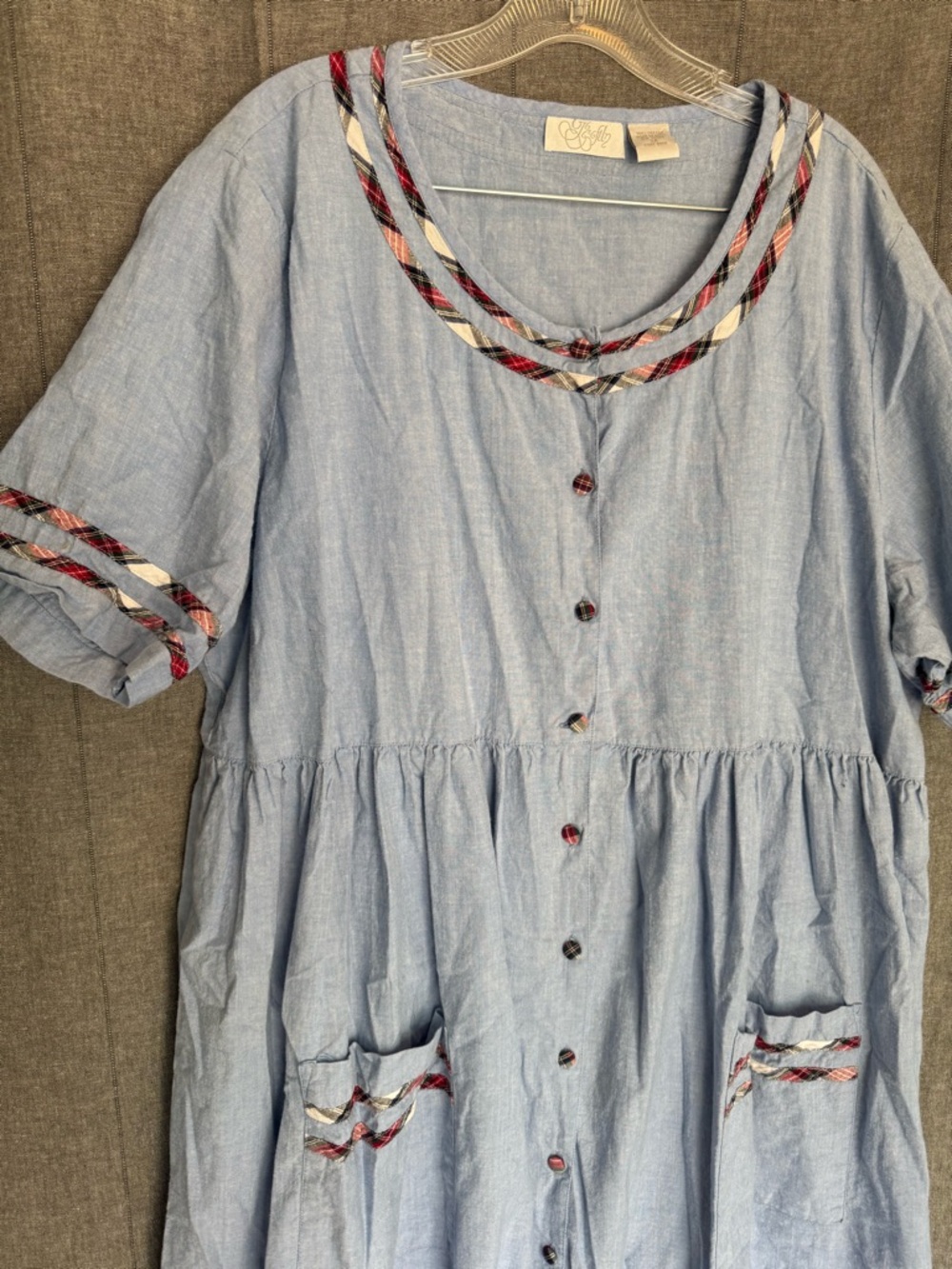 Go Softly Denim Cotton Patio Muumuu House Dress Blue Prairie Cottage Plaid Trim